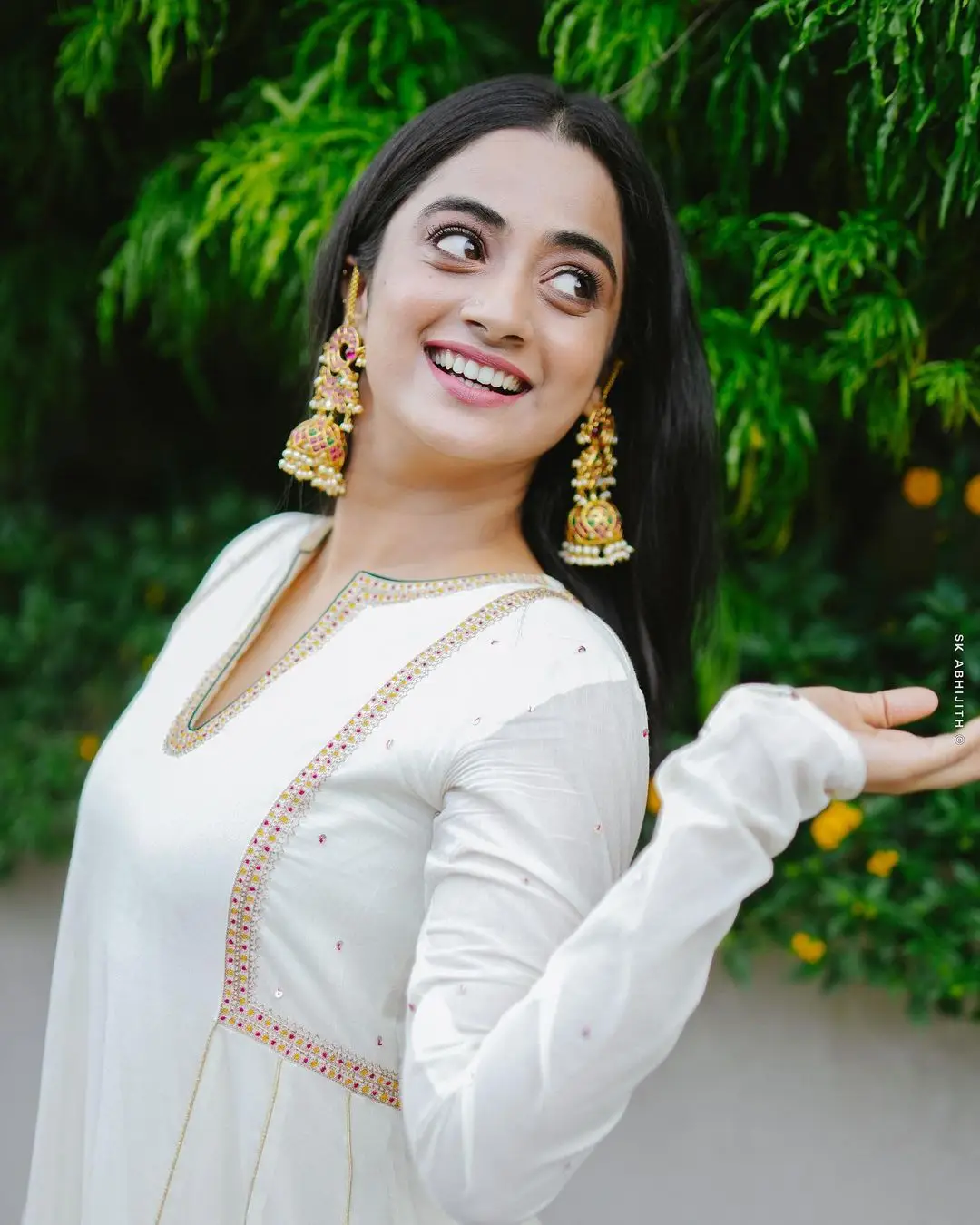 Namitha Pramod Wearing Beautiful Earring Jewellery White Dress